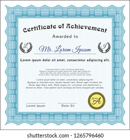 Light blue Classic Certificate template. Detailed. With great quality guilloche pattern. Money Pattern. 
