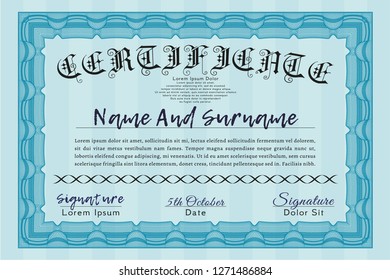 Light blue Classic Certificate template. With linear background. Retro design. Vector illustration. 