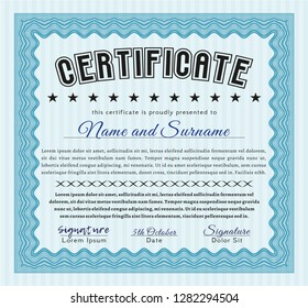 Light blue Classic Certificate template. Vector illustration. With guilloche pattern and background. Retro design. 