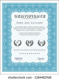 Light blue Classic Certificate template. Easy to print. Detailed. Money Pattern design. 
