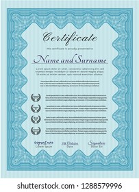 Light blue Classic Certificate template. Elegant design. Detailed. With quality background. 