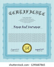 Light blue Classic Certificate template. Artistry design. Complex background. Customizable, Easy to edit and change colors. 