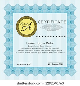Light blue Classic Certificate template. Retro design. Vector illustration. With guilloche pattern. 