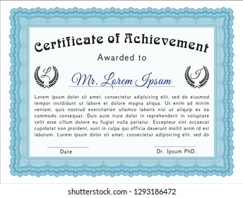 Light blue Classic Certificate template. Cordial design. With complex background. Detailed. 