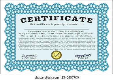 Light blue Classic Certificate template. Modern design. Vector illustration. Complex background. 