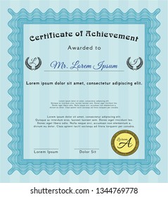 Light blue Classic Certificate template. With great quality guilloche pattern. Detailed. Superior design. 