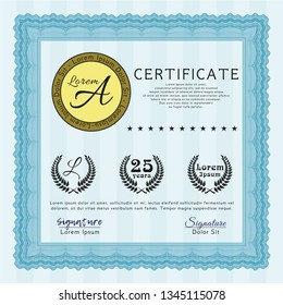 Light blue Classic Certificate template. With great quality guilloche pattern. Vector illustration. Retro design. 
