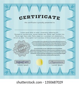 Light blue Classic Certificate template. Beauty design. Complex background. Detailed. 