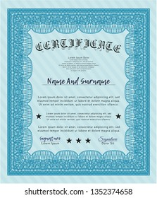 Light blue Classic Certificate template. Money Pattern. Detailed. Complex background. 