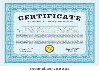 Light blue Classic Certificate template. With guilloche pattern. Detailed. Modern design. 