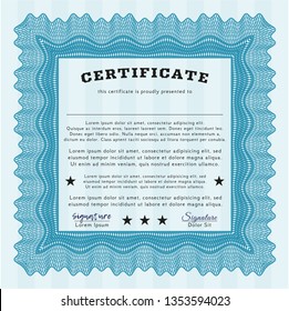 Light blue Classic Certificate template. With guilloche pattern. Lovely design. Detailed. 