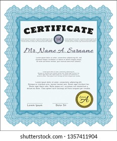 Light blue Classic Certificate template. With great quality guilloche pattern. Retro design. Detailed. 