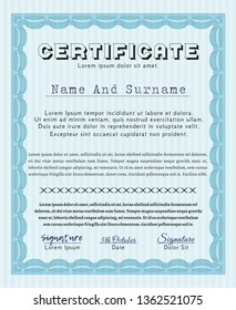 Light blue Classic Certificate template. Excellent design. Vector illustration. With great quality guilloche pattern. 