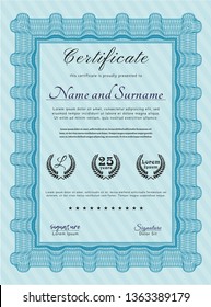 Light blue Classic Certificate template. With guilloche pattern and background. Elegant design. Detailed. 
