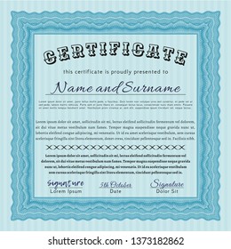 Light blue Classic Certificate template. Vector illustration. Complex background. Nice design. 