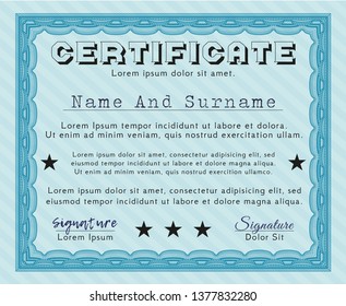 Light blue Classic Certificate template. Printer friendly. Customizable, Easy to edit and change colors. Money Pattern design. 