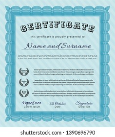 Light blue Classic Certificate template. Detailed. With guilloche pattern and background. Perfect design. 