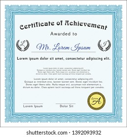 Light blue Classic Certificate template. Detailed. With complex background. Artistry design. 