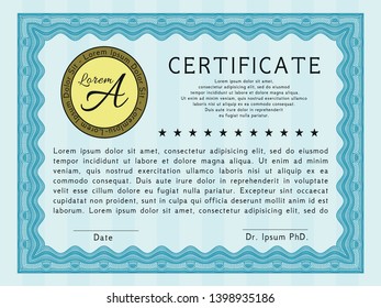 Light blue Classic Certificate template. Customizable, Easy to edit and change colors. With complex background. Cordial design. 