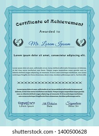 Light blue Classic Certificate template. With guilloche pattern. Detailed. Sophisticated design. 