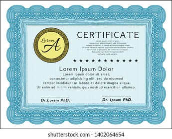 Light blue Classic Certificate template. With background. Detailed. Lovely design. 