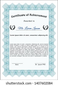 Light blue Classic Certificate template. Easy to print. Vector illustration. Money design. 