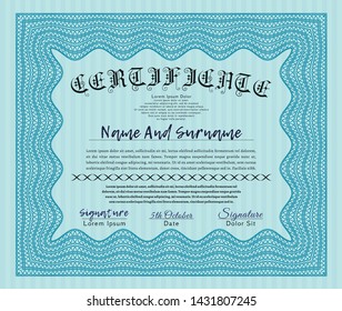 Light blue Classic Certificate template. Modern design. With quality background. Vector illustration. 