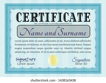 Light blue Classic Certificate template. Artistry design. Vector illustration. Complex background. 