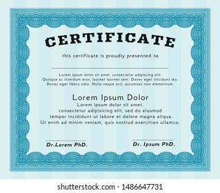 Light blue Classic Certificate template. Artistry design. Printer friendly. Vector illustration. 