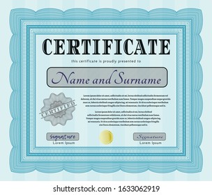 Light blue Classic Certificate template. Elegant design. With complex background. Vector illustration. 