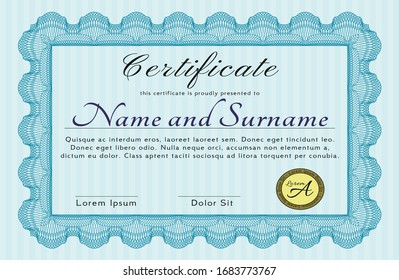 Light blue Classic Certificate template. Customizable, Easy to edit and change colors. With guilloche pattern. Elegant design. 