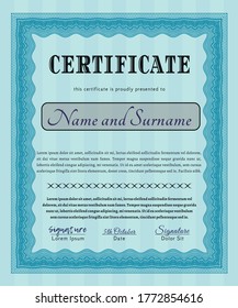 Light blue Classic Certificate template.  Money Pattern design.  With great quality guilloche pattern.   