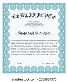 Light blue Classic Certificate template.  Retro design.  With guilloche pattern.  Vector illustration. 