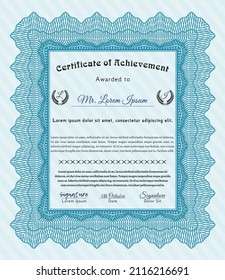 Light blue Classic Certificate template.  Money Pattern design.  With great quality guilloche pattern.  Detailed. 