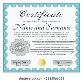 Light blue Classic Certificate template.  Beauty design.  With guilloche pattern and background.  Detailed. 