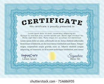 Light blue Classic Certificate template. Easy to print. Customizable, Easy to edit and change colors. Money style design. 