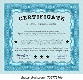 Light blue Classic Certificate template. Excellent design. With linear background. Detailed. 