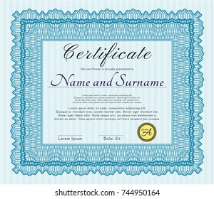 Light blue Classic Certificate template. Money design. Detailed. With complex linear background. 
