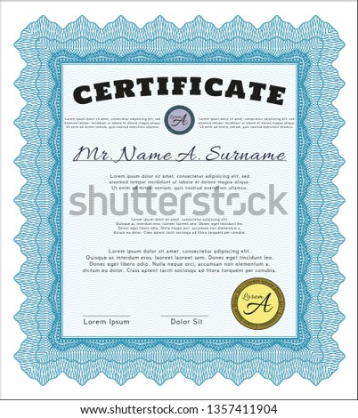 Light blue Classic Certificate template. With great quality guilloche pattern. Retro design. Detailed. 