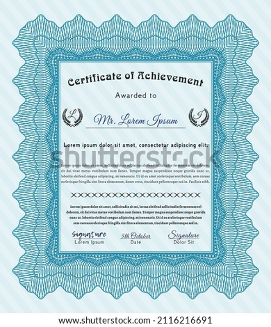 Light blue Classic Certificate template.  Money Pattern design.  With great quality guilloche pattern.  Detailed. 