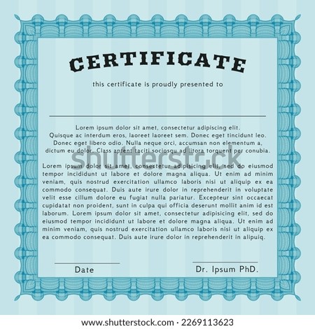 Light blue Classic Certificate template.  Nice design.  With guilloche pattern and background.   