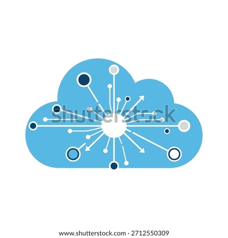 A light blue cloud with a central hub, radiating white lines, arrows, and multiple data nodes, symbolizing cloud computing, connectivity, and digital network flow.