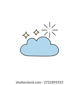 Ilustración de nube azul claro con estrellas brillantes y rayos de sol. Diseño sencillo, limpio y alegre. Ideal para Climas, sueños o conceptos positivos. Estética minimalista.