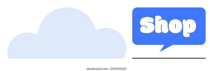 Light blue cloud next to blue speech bubble with text Shop in white. Ideal for themes about online shopping, e-commerce, retail business, cloud storage, and digital marketplace. Simple modern style