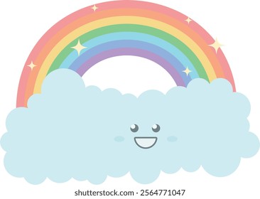 Light blue cloud with a smiling face and rosy cheeks under a colorful rainbow with sparkling stars