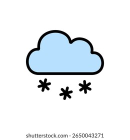 Light blue cloud and white snowflakes in colored outline. Ideal for holiday weather graphics, ski resort apps, and icy condition visuals.