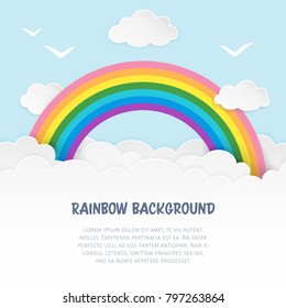 Light blue cloudscape background with birds silhouettes and rainbow. Cloudy soft landscape background. Clean and minimal paper art. Baby room decor. Vector Illustration. 