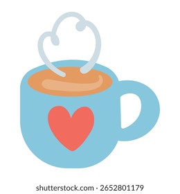 Light Blue Coffee mug with heart shape doodle icon vector illustration symbolizing love and comfort often associated with a hot beverage.