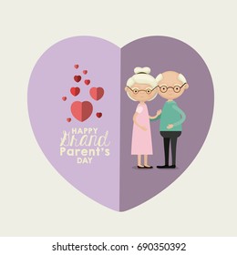 light blue color background of heart shape lilac greeting card with caricature full body elderly couple embraced happy grandparents day vector illustration