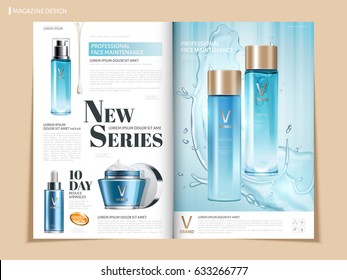 Light Blue Color Cosmetic Catalog Or Magazine Template Design For Commercial Uses, 3d Illustration